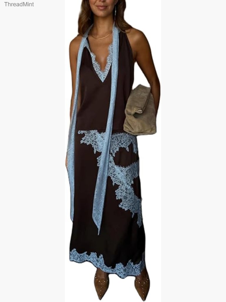 Satin Skirt Set Lace Trim Mock Neck Backless Top Asymmetry Maxi Skirt Y2k Going